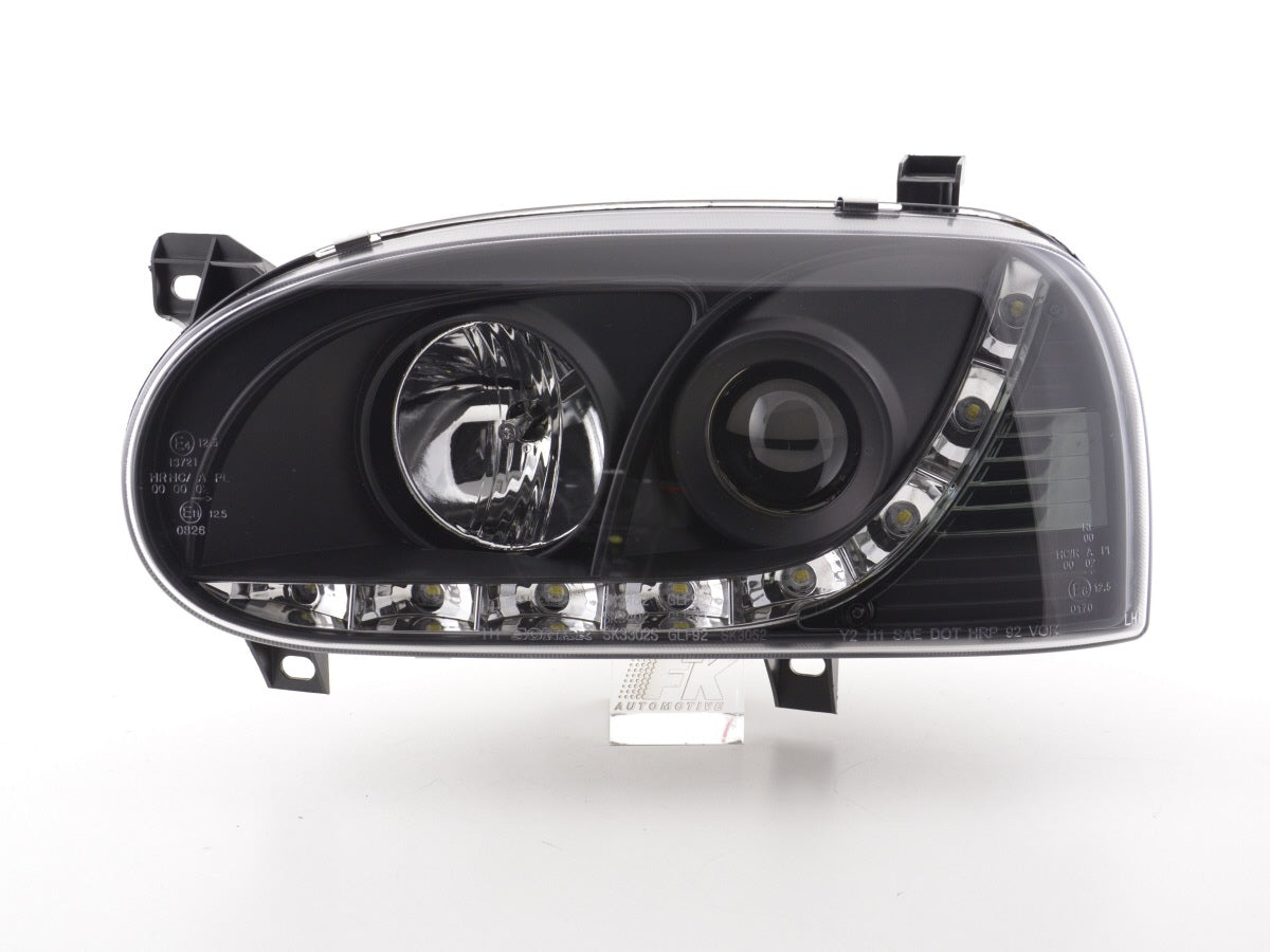 Scheinwerfer Set Daylight LED TFL-Optik VW Golf 3 Typ 1HXO 1EXO 91-97 schwarz Scheinwerfer Set Daylight LED TFL-Optik VW Golf 3 Typ 1HXO 1EXO 91-97 schwarz